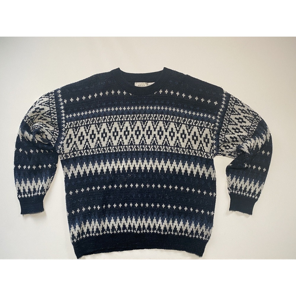VTG Sears The Mens Store Fair Isle Crew Neck Sweater XL Blue Acrylic Pullover